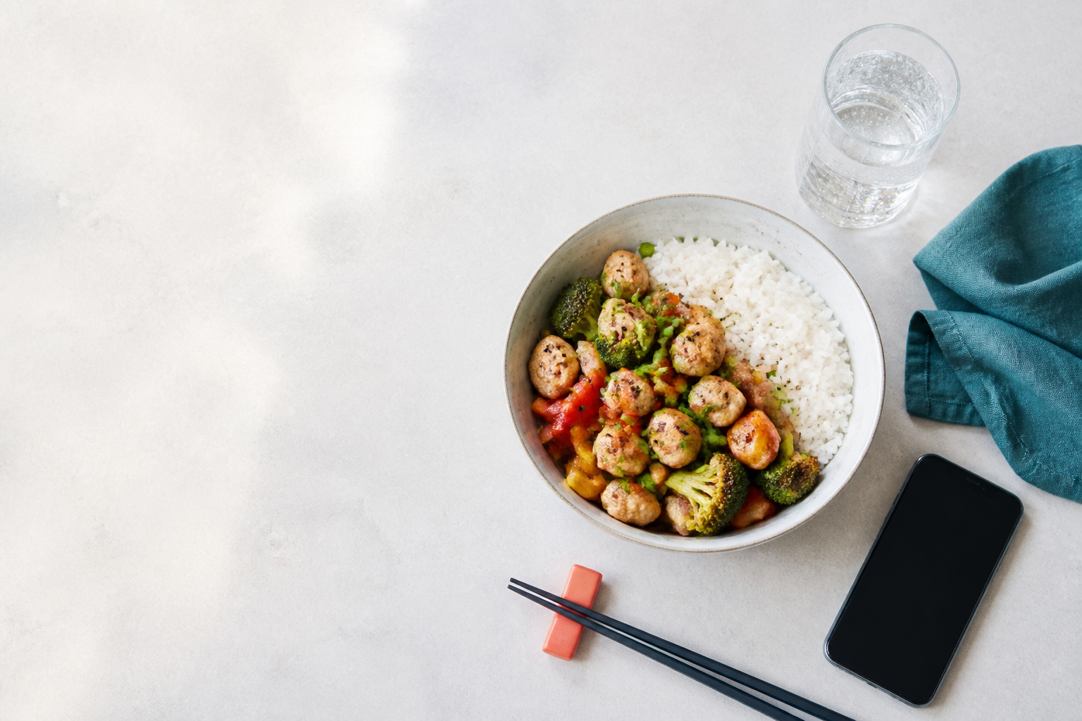 A weekday chicken and vegetable rice bowl beside a phone